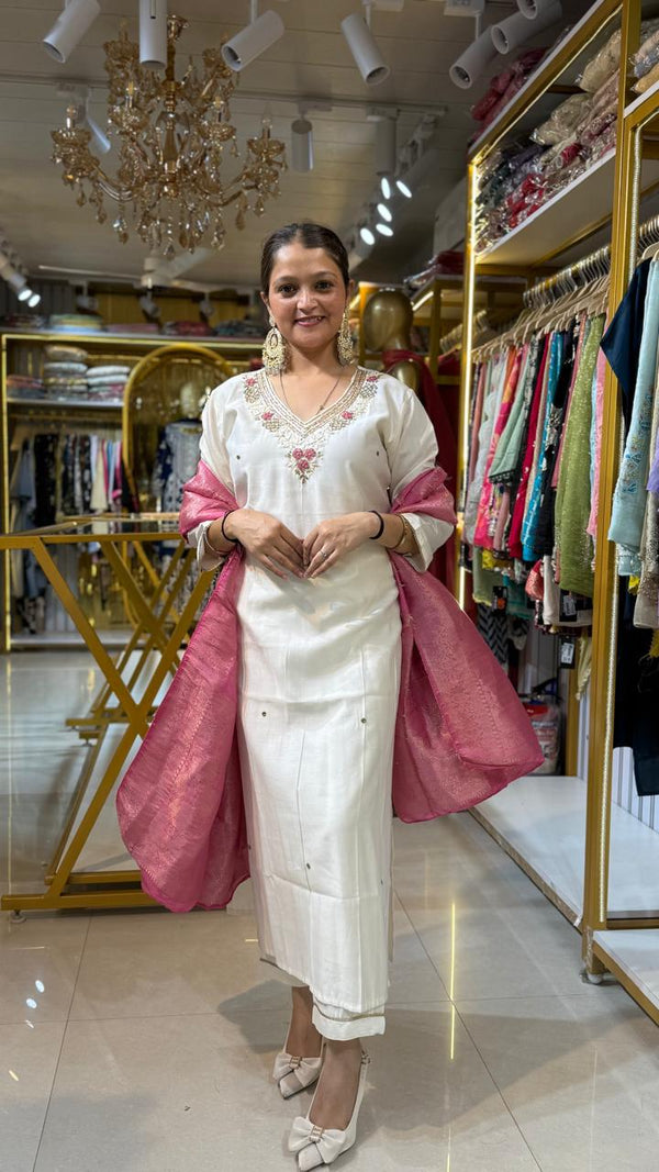 White Cotton Silk Stitched Suit